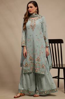 Turquoise embroidered georgette salwar