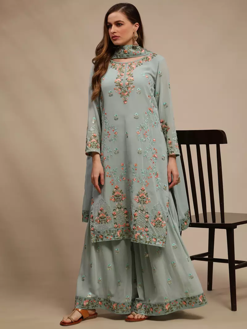 Turquoise embroidered georgette salwar