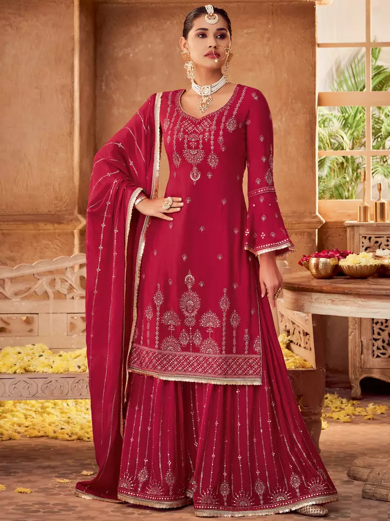 Magenta embroidered chiffon salwars