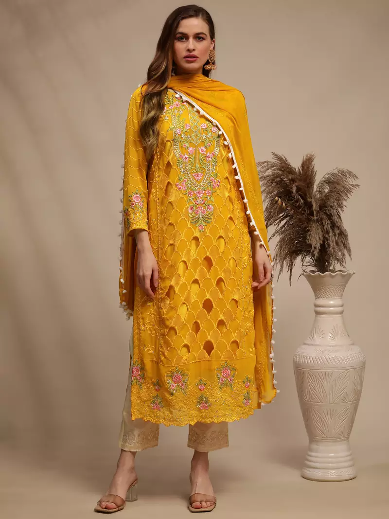 Yellow embroidered georgette salwar