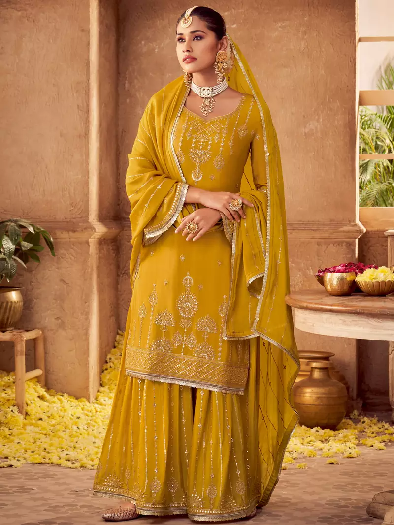 Yellow embroidered chiffon salwar