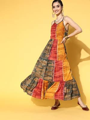 Mustard printed viscose rayon maxi-dresses 1
