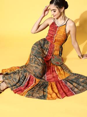 Mustard printed viscose rayon maxi-dresses 2