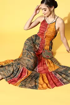 Mustard printed viscose rayon maxi-dresses