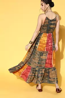 Mustard printed viscose rayon maxi-dresses