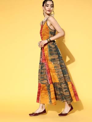 Mustard printed viscose rayon maxi-dresses 5