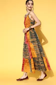 Mustard printed viscose rayon maxi-dresses