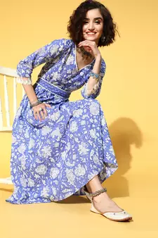 Blue printed cotton maxi-dresses