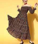 Black printed cotton long-dresses