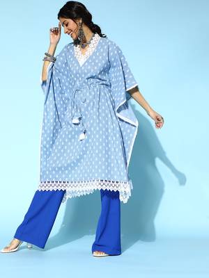 Blue printed cotton short-dresses 2
