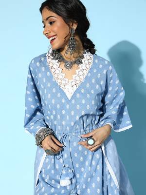 Blue printed cotton short-dresses 4