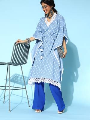 Blue printed cotton short-dresses 5