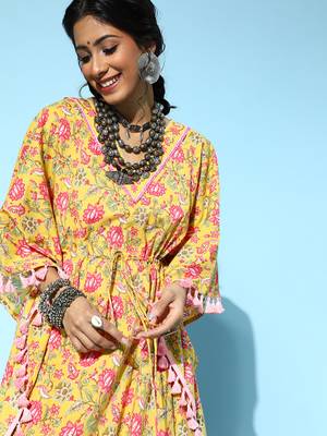 Yellow printed cotton short-dresses 4