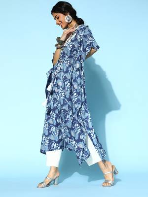 Blue printed cotton short-dresses 2