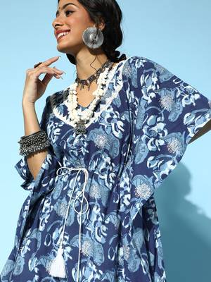 Blue printed cotton short-dresses 4