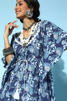 Blue printed cotton short-dresses