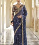 Navy Blue Organza Sequin Zari And Thread Embroidered Saree With Silk Blouse