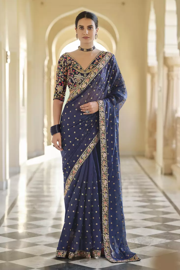 Navy Blue Organza Sequin, Zari and Thread Embroidered Saree with Silk Blouse