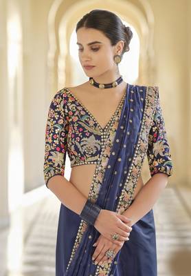 Navy Blue Organza Sequin Zari And Thread Embroidered Saree With Silk Blouse 2
