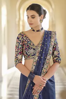 Navy Blue Organza Sequin Zari And Thread Embroidered Saree With Silk Blouse