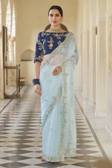 Mint blue dori and sequins embroidered organza wedding & party wear saree with taffeta silk blouse