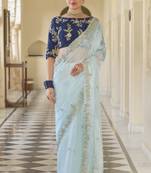 Mint blue dori and sequins embroidered organza wedding & party wear saree with taffeta Silk blouse