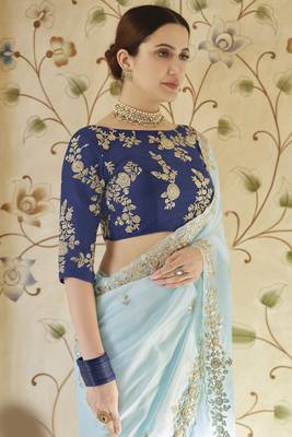 Mint blue dori and sequins embroidered organza wedding & party wear saree with taffeta Silk blouse 2