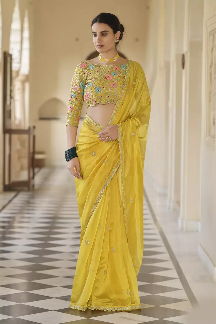 Yellow Thread, Dori And Sequins Embroidered Organza Party Wear Saree