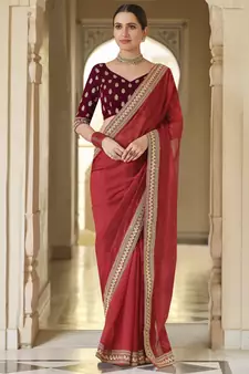 Red dori and sequins embroidered organza party wear saree with velvet blouse