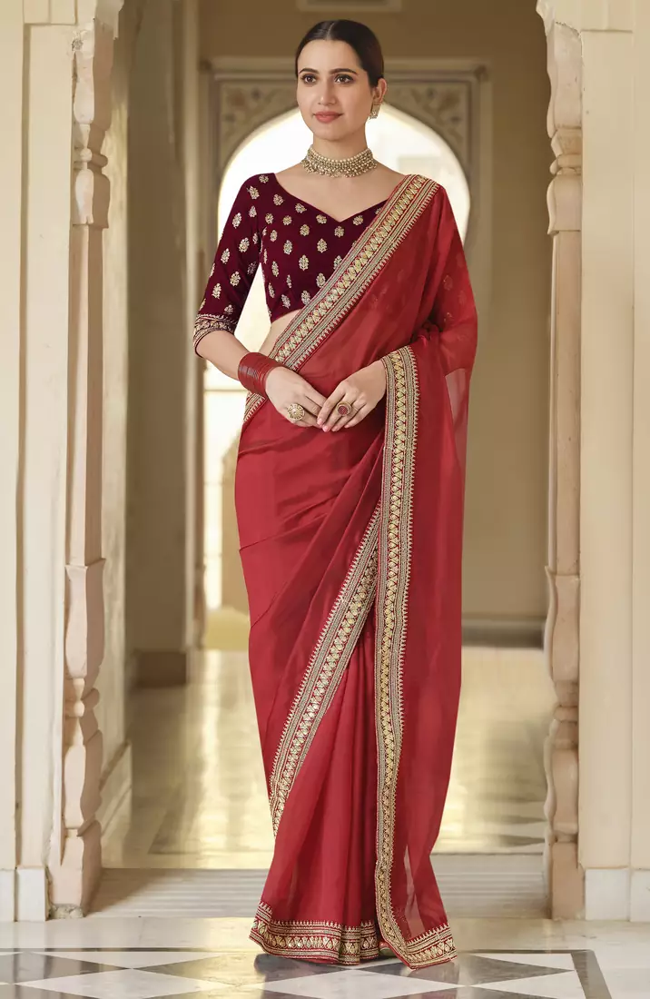 Red dori and sequins embroidered organza party wear saree with velvet blouse