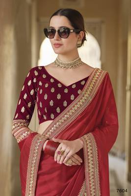 Red dori and sequins embroidered organza party wear saree with velvet blouse 2