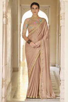 Brown thread, dori and sequins embroidered organza bridal saree with soft net blouse