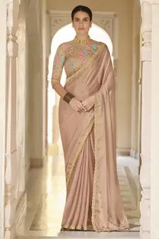 Brown thread, dori and sequins embroidered organza bridal saree with soft net blouse