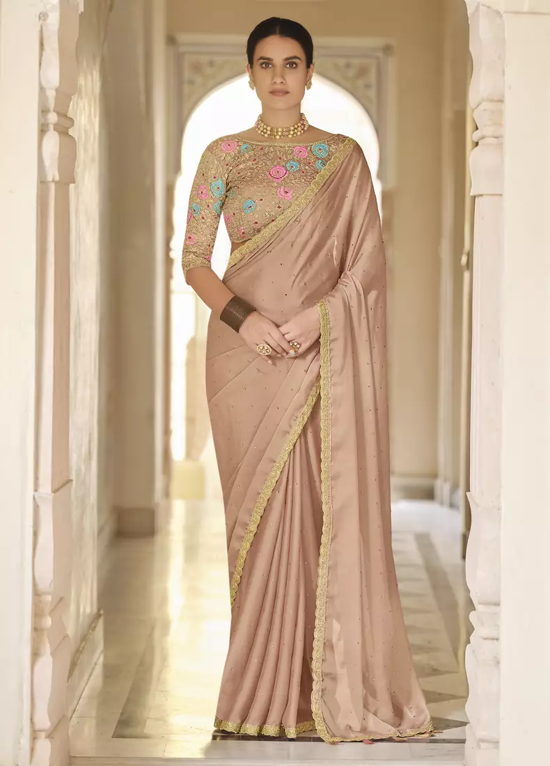 Brown thread, dori and sequins embroidered organza bridal saree with soft net blouse