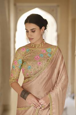 Brown thread, dori and sequins embroidered organza wedding saree 2