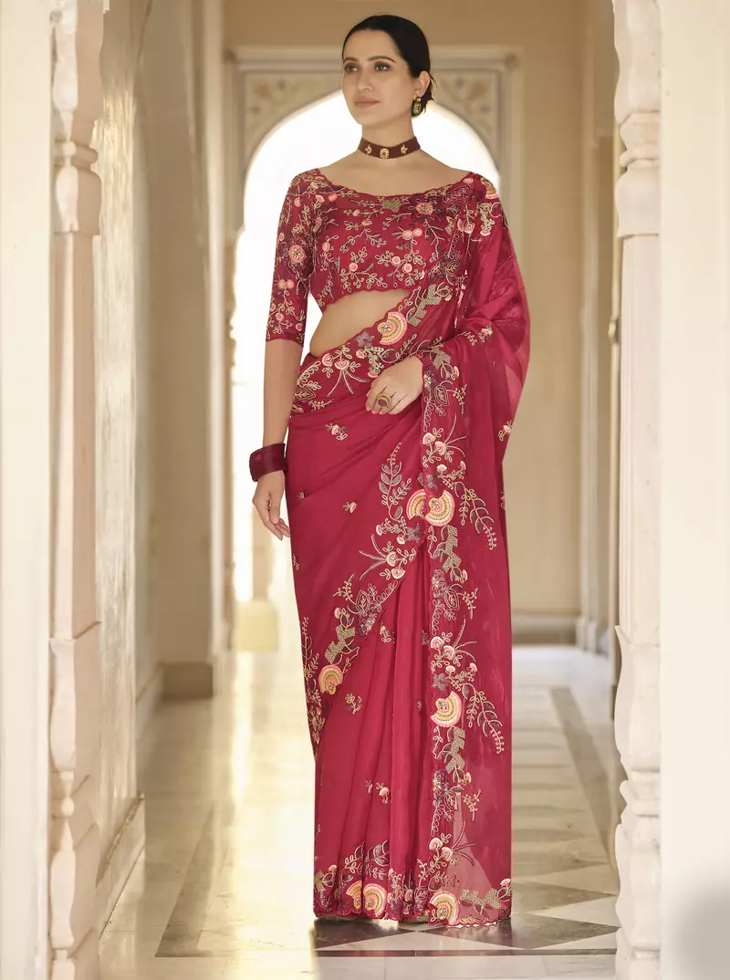 Red Thread, Dori And Sequins Embroidered Organza Wedding Saree For Bridal