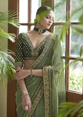 Green Dori Zari And Sequins Embroidered Designer Organza Silk Bridal Wedding Saree For Women 2