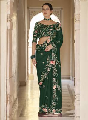 Green Thread Dori And Sequins Embroidered Organza Party Wear Saree 1