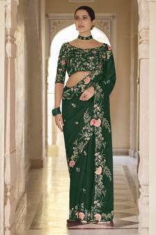 Green Thread, Dori And Sequins Embroidered Organza Party Wear Saree