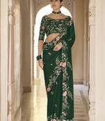 Green Thread Dori And Sequins Embroidered Organza Party Wear Saree