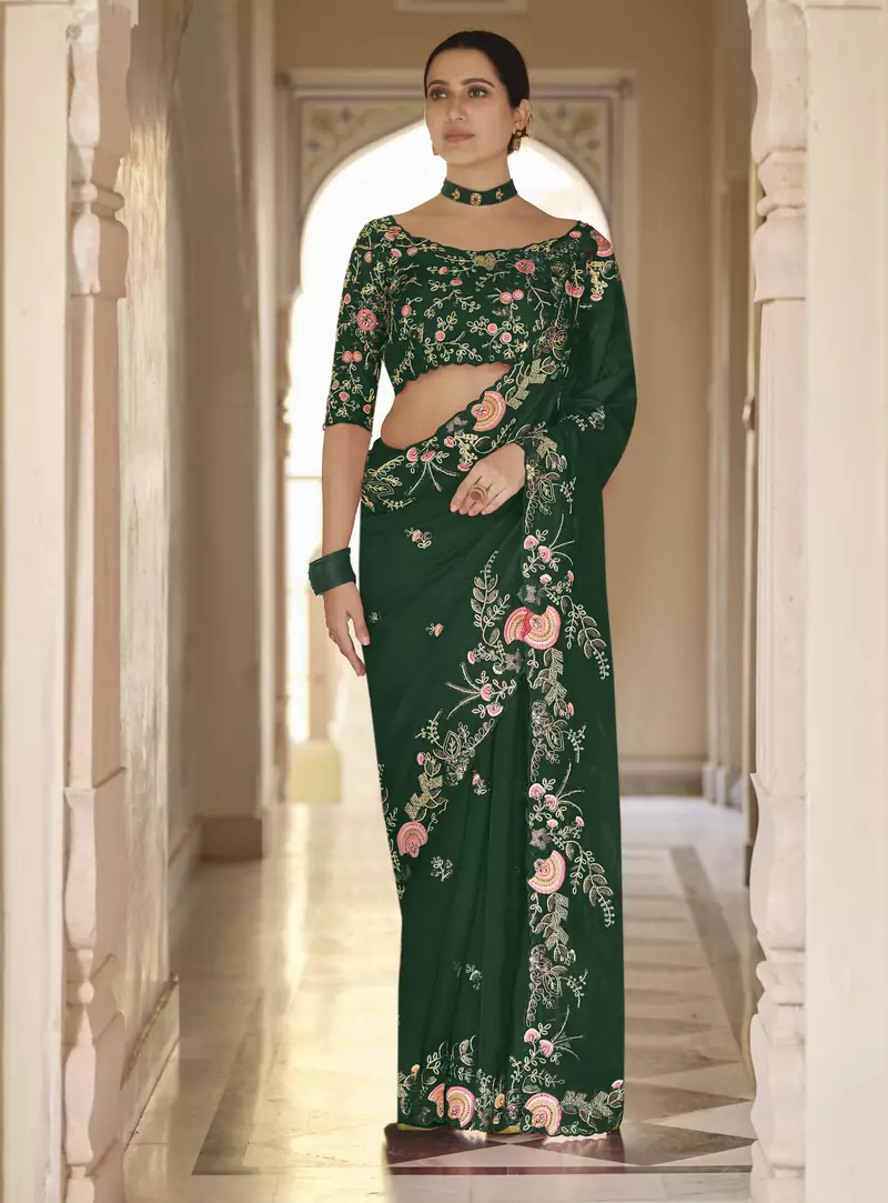 Green Thread, Dori And Sequins Embroidered Organza Party Wear Saree