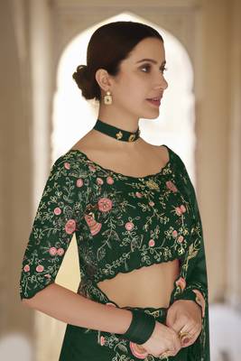 Green Thread Dori And Sequins Embroidered Organza Party Wear Saree 2