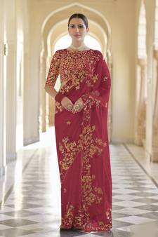 red thread, dori and sequins embroidered organza bridal saree