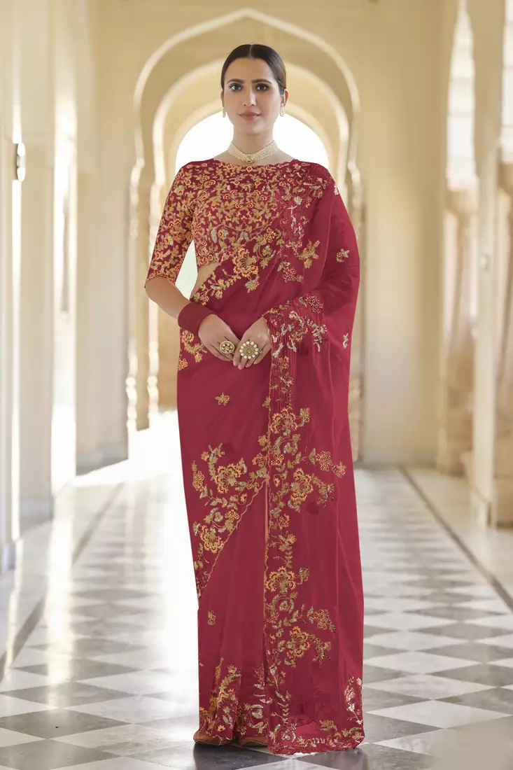 red thread, dori and sequins embroidered organza bridal saree
