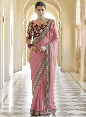 peach dori, zari and sequins embroidered organza wedding saree with art Silk blouse 1