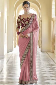 peach dori, zari and sequins embroidered organza wedding saree with art silk blouse