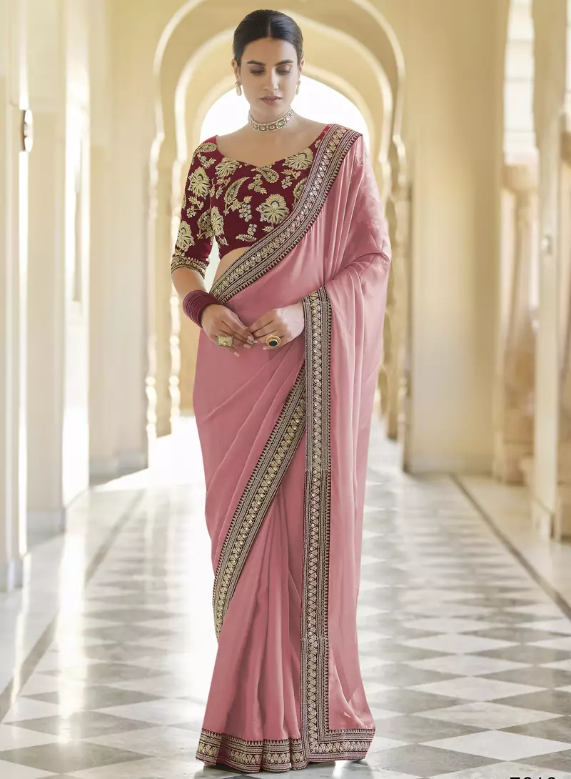 peach dori, zari and sequins embroidered organza wedding saree with art silk blouse