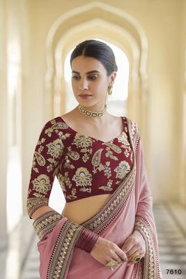 peach dori, zari and sequins embroidered organza wedding saree with art Silk blouse 2