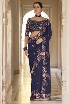 navy blue thread, dori and sequins embroidered organza party wear saree