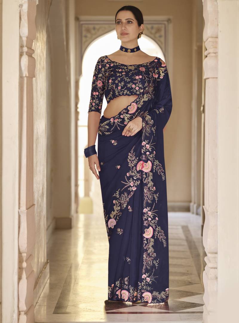 navy blue thread, dori and sequins embroidered organza party wear saree